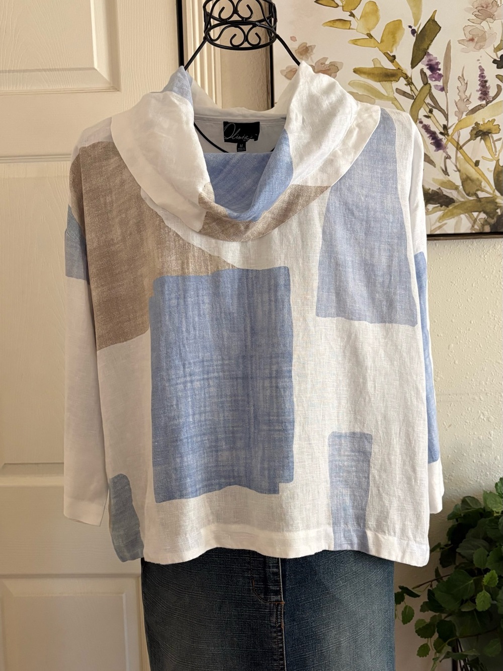 Olivia By Habitat Clothes 100% Linen Color Block Cowl Neck Top Lagenlook Sz M